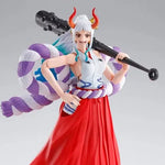 Highly detailed Yamato One Piece S.H.Figuarts action figure from THE MIGHTY HOBBY SHOP, posed with accessories and vibrant colors.