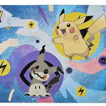 Pokemon Pikachu and Mimikyu gaming mousepad featuring colorful character illustrations on a flat surface for gaming setup.