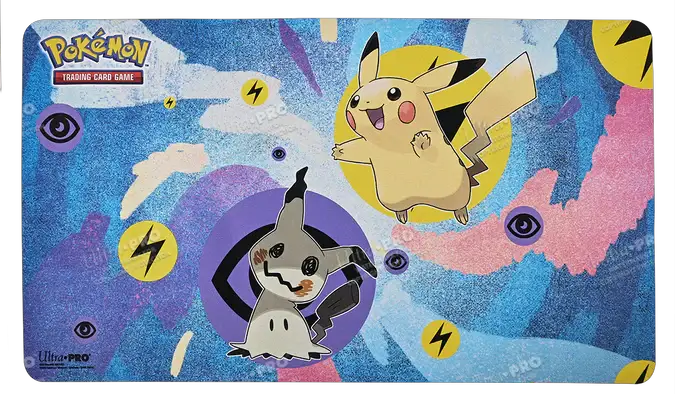 Pokemon Pikachu and Mimikyu gaming mousepad featuring colorful character illustrations on a flat surface for gaming setup.