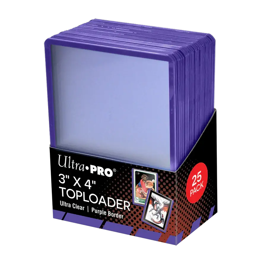 Set of 25 purple 3x4 inch colored border toploaders for standard size cards, ideal for protecting collectible cards.
