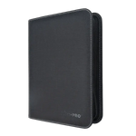 Four-pocket zippered PRO-Binder toploader from THE MIGHTY HOBBY SHOP showing clear plastic sleeves and secure zipper closure.