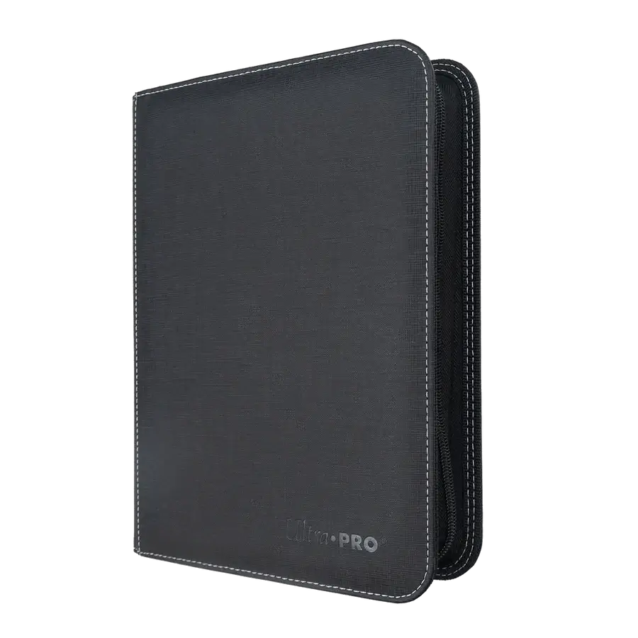 Four-pocket zippered PRO-Binder toploader from THE MIGHTY HOBBY SHOP showing clear plastic sleeves and secure zipper closure.