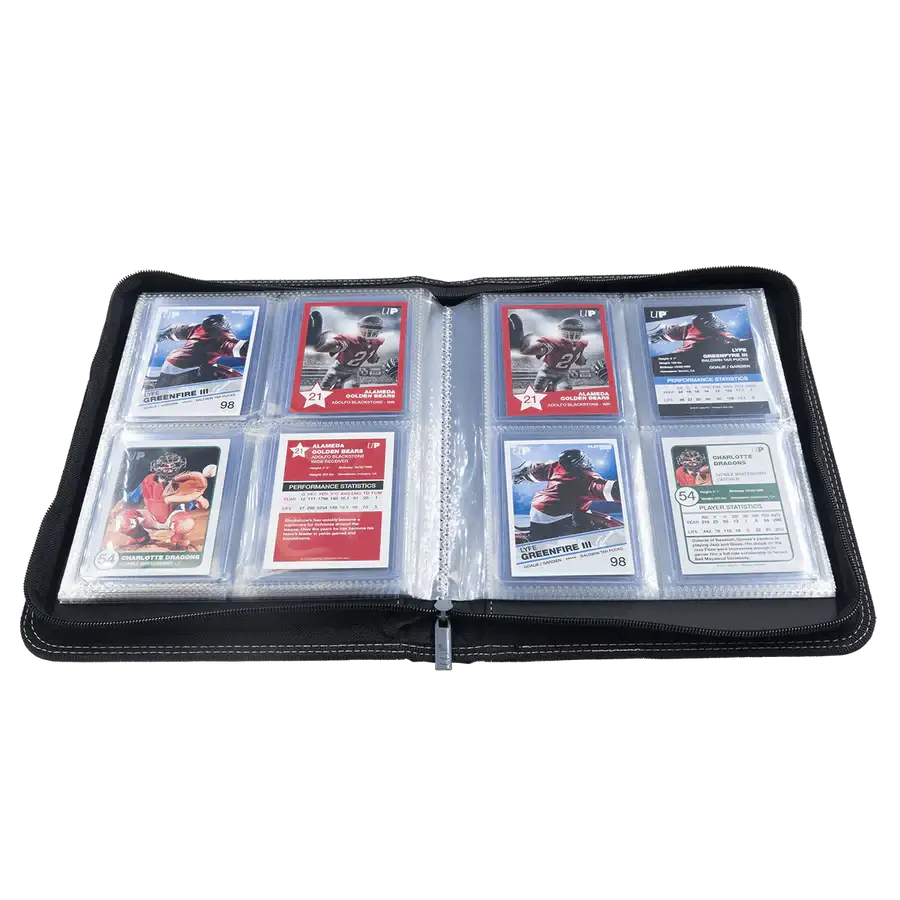 Open 4-pocket zippered PRO-Binder by THE MIGHTY HOBBY SHOP, showing durable plastic pages and secure storage compartments.