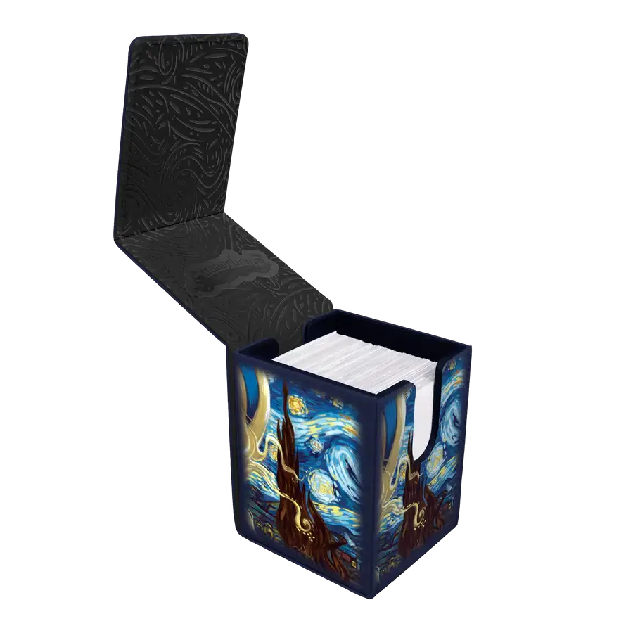 Open Jasmine Becket-Griffith Alice in The Starry Night premium Alcove flip deck box showing colorful artwork and card storage interior.