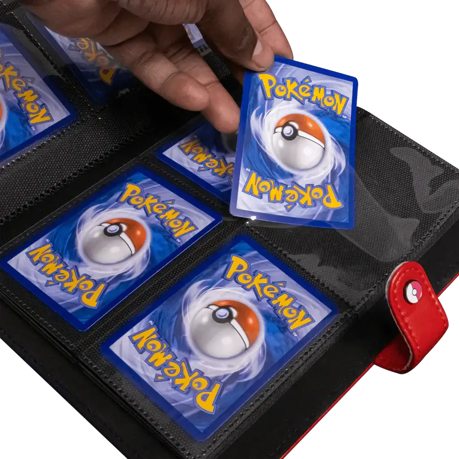 Open red Pokémon 4-pocket snap binder from THE MIGHTY HOBBY SHOP for storing trading cards with secure snap closures.