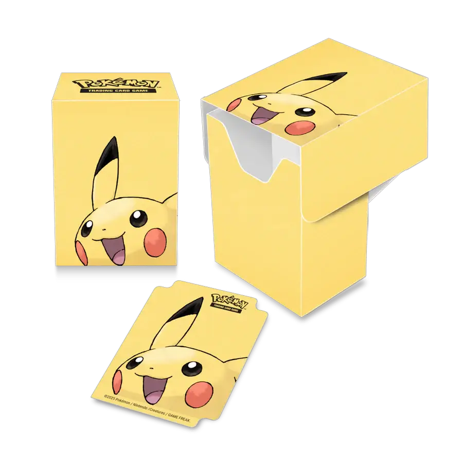 Pikachu full view deck box for Pokémon trading cards featuring Pikachu illustration and vibrant yellow design.