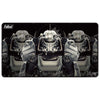 Black stitched edge Fallout Brotherhood of Steel playmat for tabletop gaming, featuring detailed Brotherhood emblem design.