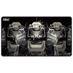 Black stitched edge Fallout Brotherhood of Steel playmat for tabletop gaming, featuring detailed Brotherhood emblem design.