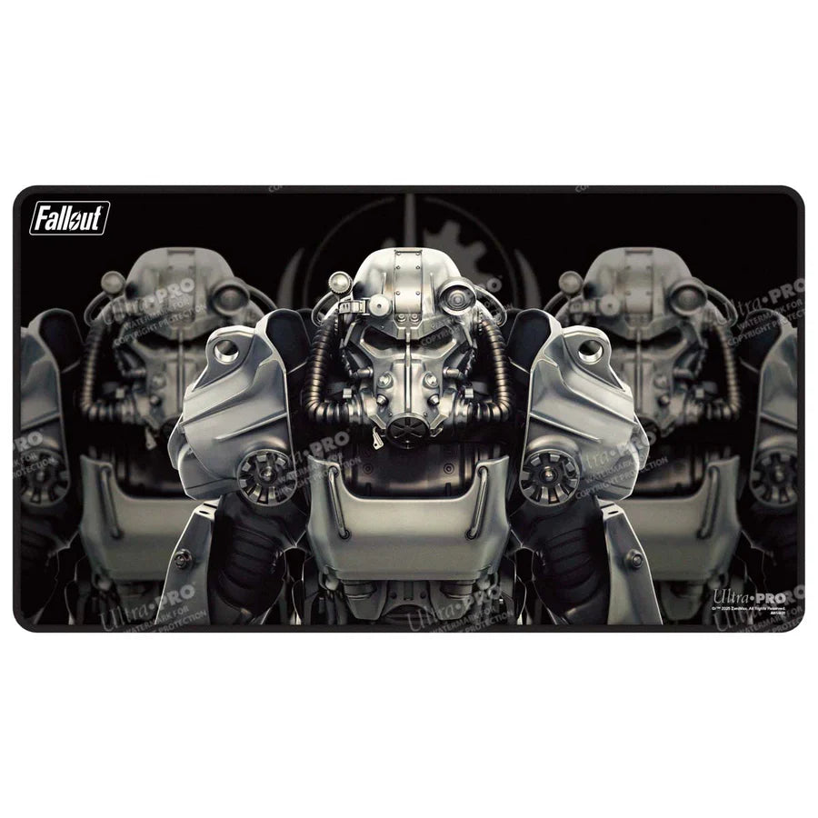 Black stitched edge Fallout Brotherhood of Steel playmat for tabletop gaming, featuring detailed Brotherhood emblem design.