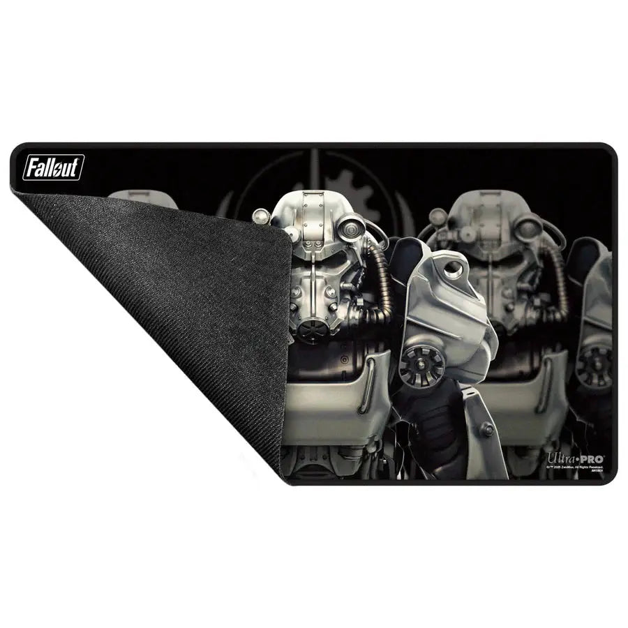 Fallout Brotherhood of Steel black stitched edge playmat for tabletop gaming, featuring detailed Fallout-themed design.