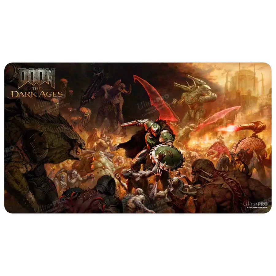 Ultra Pro DOOM The Dark Ages Onslaught playmat featuring dark, detailed artwork for tabletop gaming sessions.