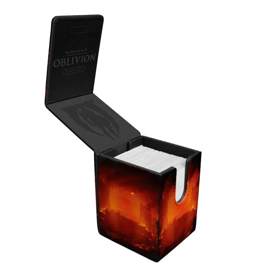 Open Alcove® Flip Deck Box for The Elder Scrolls IV: Oblivion Remastered tabletop game by THE MIGHTY HOBBY SHOP, featuring game card storage.