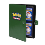 Green Pokémon trading card binder with four pockets and snap closures, designed for the Pokémon Trading Card Game.