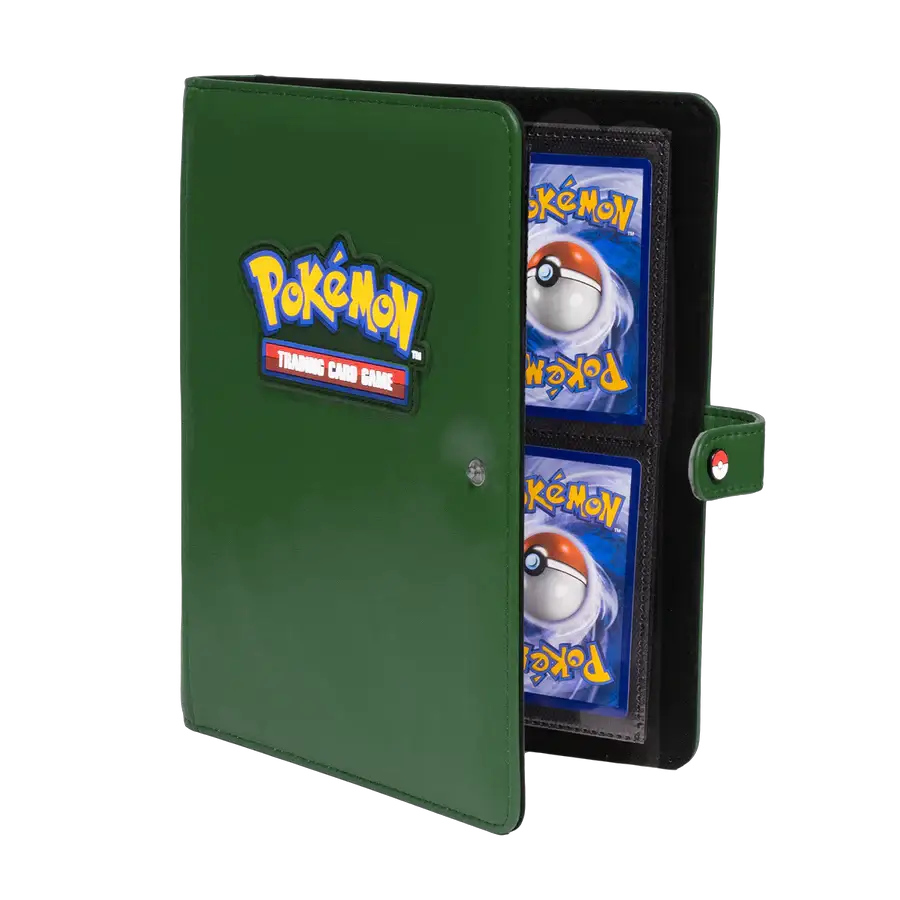 Green Pokémon trading card binder with four pockets and snap closures, designed for the Pokémon Trading Card Game.