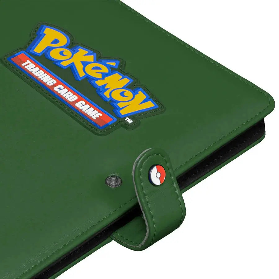 Green 4-pocket premium snap binder for Pokémon Trading Card Game by THE MIGHTY HOBBY SHOP, close-up view showing card sleeves.