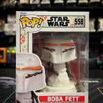 Pop! Star Wars Holiday Boba Fett vinyl figure from THE MIGHTY HOBBY SHOP, featuring Boba Fett in holiday-themed costume with festive details