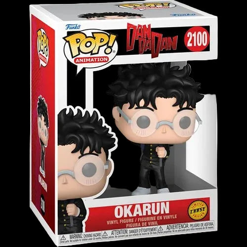 Funko Pop! vinyl figure packaging with 'Dan dan dan' branding and Okarun character.