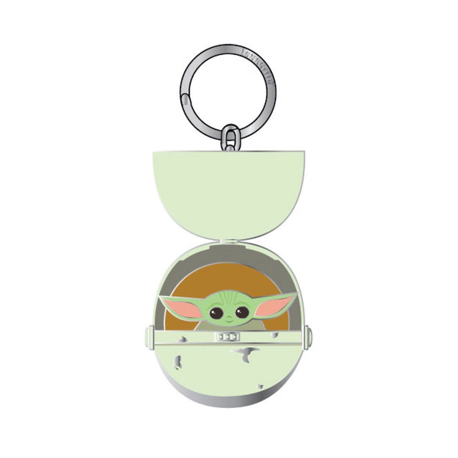Star Wars Mandalorian Precious Cargo enamel keychain attached to a lanyard, featuring a detailed Mandalorian design and vibrant colors.