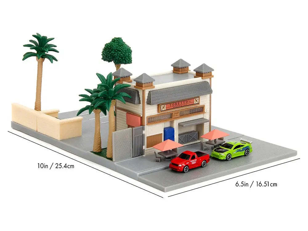 Miniature Diorama of Toretto's Cafe scene from The Fast and the Furious Nano Set by THE MIGHTY HOBBY SHOP, detailed and realistic.