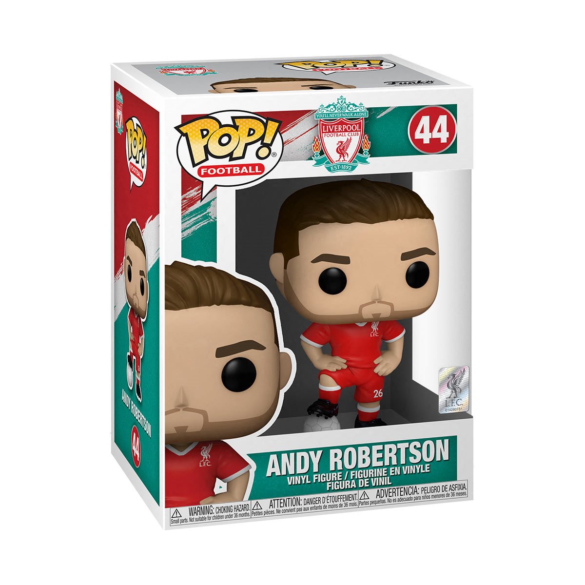 Pop! Football figure of Liverpool's Andy Robertson, collectible toy from THE MIGHTY HOBBY SHOP, featuring detailed football jersey.