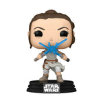 Pop! Star Wars Rey figure from The Rise of Skywalker with two light sabers, collectible toy by THE MIGHTY HOBBY SHOP.