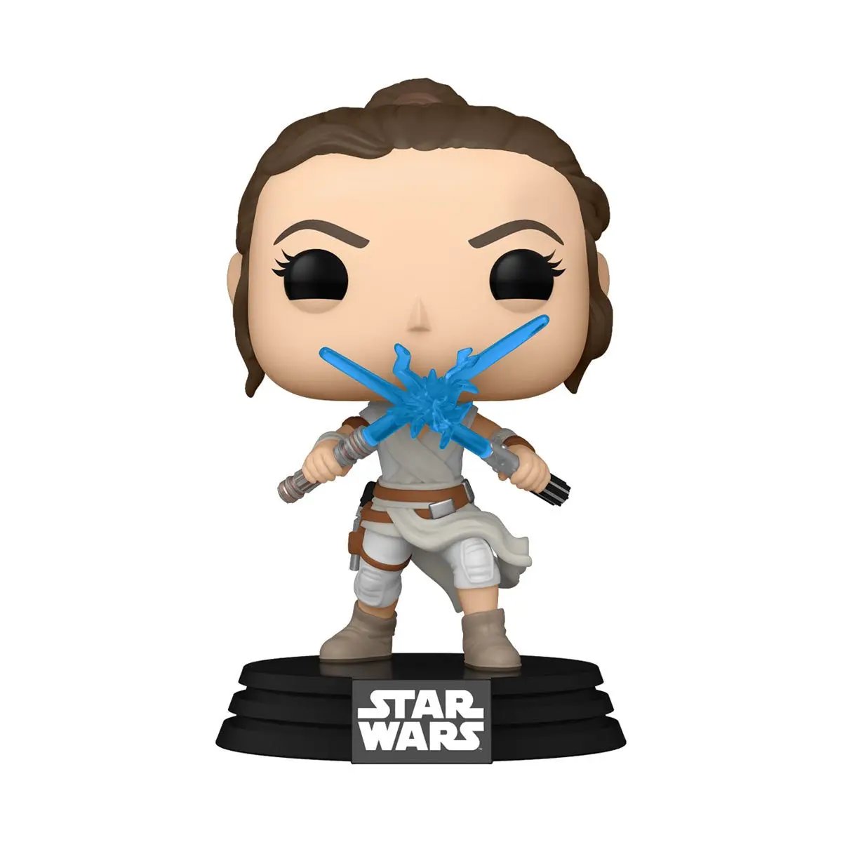 Pop! Star Wars Rey figure from The Rise of Skywalker with two light sabers, collectible toy by THE MIGHTY HOBBY SHOP.