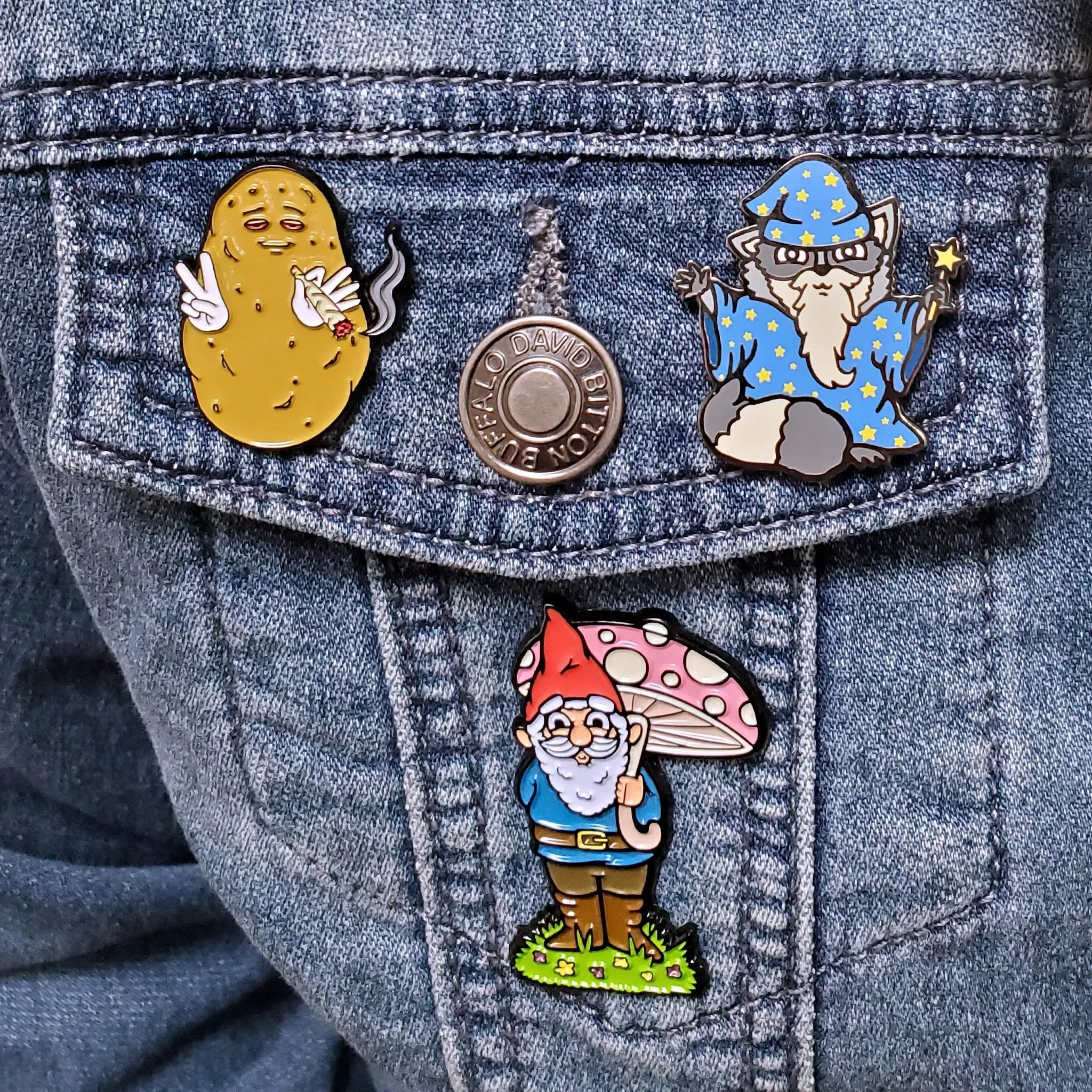Kolorspun Garden Gnome Pin featuring a colorful gnome design, perfect for jackets and accessories.