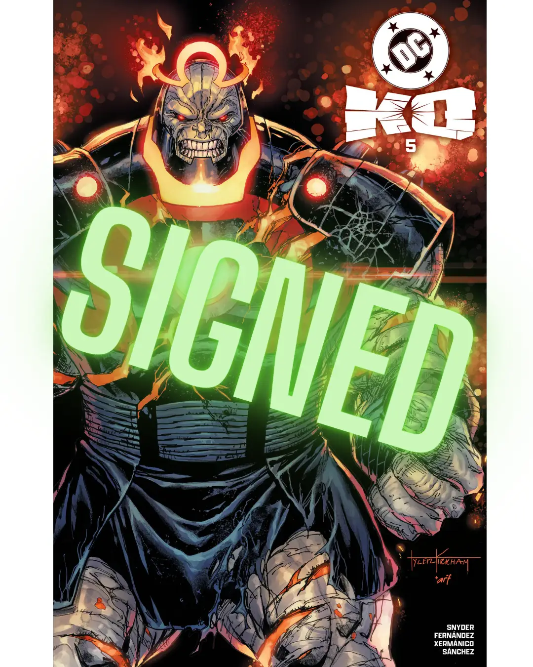 Comic book DC K.O #5 signed by Tyler Kirkham, featuring spot foil trade, published by Jams Fortress Comics.