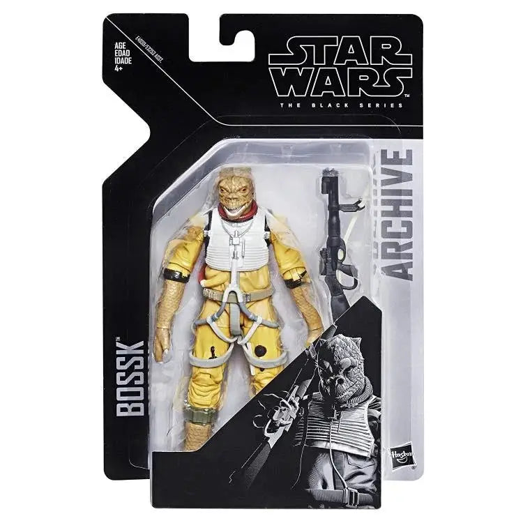 Star Wars: The Black Series Bossk action figure from Empire Strikes Back, detailed figure with green reptilian skin and hunting gear.