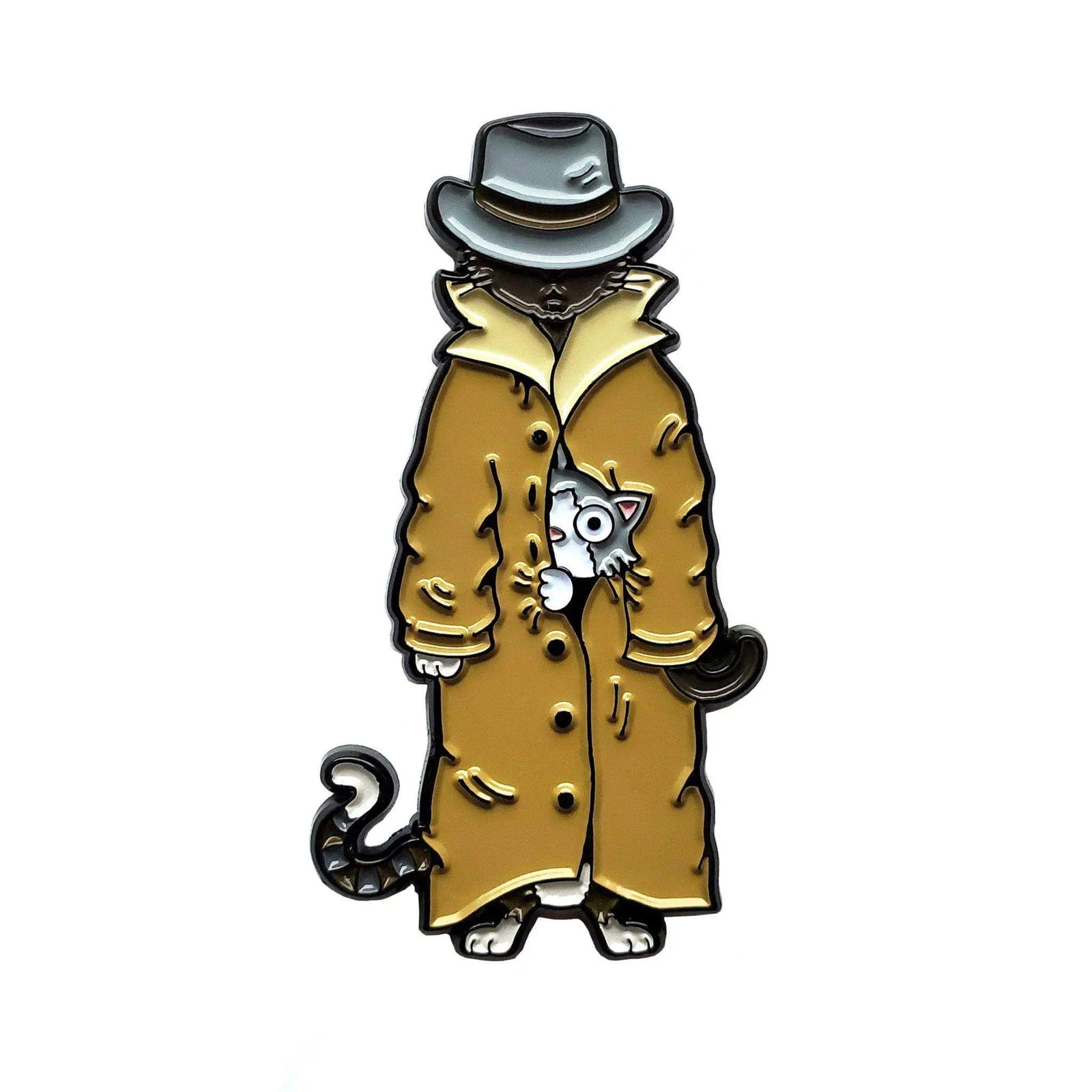 Kolorspun enamel pin featuring three cats in a trench coat, playful and colorful cat-themed accessory for pin collectors.