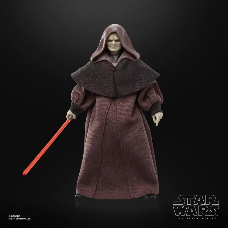 Star Wars Black Series 6-inch Darth Sidious action figure from Revenge of the Sith, detailed figure with dark robes and facial features.
