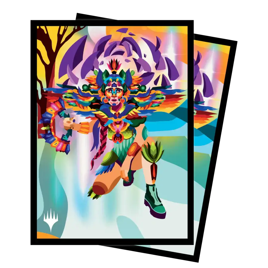 Set of 100 Magic: The Gathering card game sleeves featuring The Lost Caverns of Ixalan Huatli, Poet of Unity artwork, standard size.