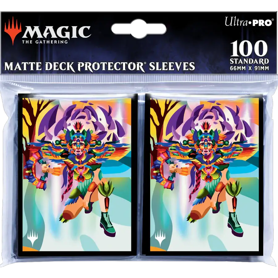 Set of 100 Magic: The Gathering Huatli, Poet of Unity card game deck protector sleeves featuring artwork from The Lost Caverns of Ixalan.