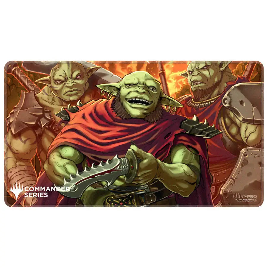 Commander Series Magic: The Gathering playmat by THE MIGHTY HOBBY SHOP featuring Krenko design with white background and detailed artwork.