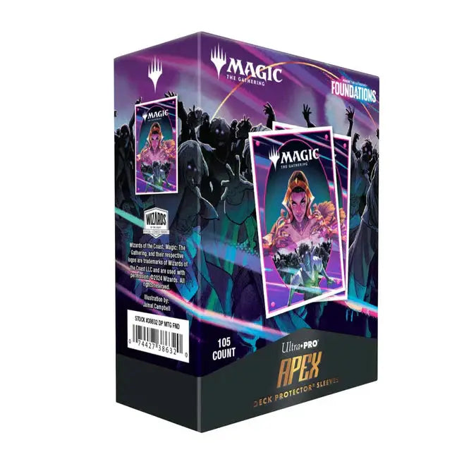 Foundations Liliana 105ct APEX Deck Protector™ sleeves for Magic: The Gathering, shown in their packaging with colorful card sleeves.
