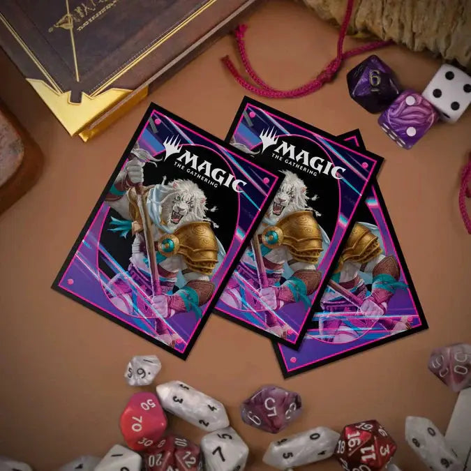Light-colored Magic: The Gathering Foundation Ajani 100-count deck protector sleeves by THE MIGHTY HOBBY SHOP, shown in a lifestyle setting.