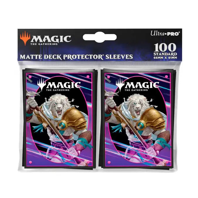 Light-colored Magic: The Gathering Ajani deck protector sleeves by THE MIGHTY HOBBY SHOP, 100-pack with packaging visible.