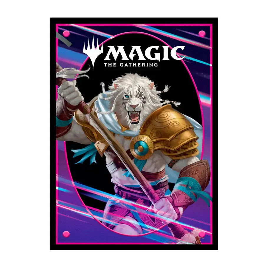 Light-colored Magic: The Gathering Foundation Ajani 100-count deck protector sleeves by THE MIGHTY HOBBY SHOP, front view.