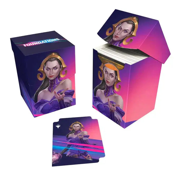 Foundations Liliana 100+ deck box for Magic: The Gathering in dark color, designed to store and organize trading cards.