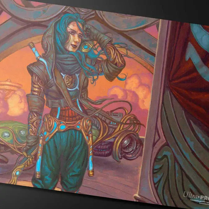 Aetherdrift Sita Varma masked racer playmat for Magic: The Gathering, featuring vibrant artwork and detailed racing design.