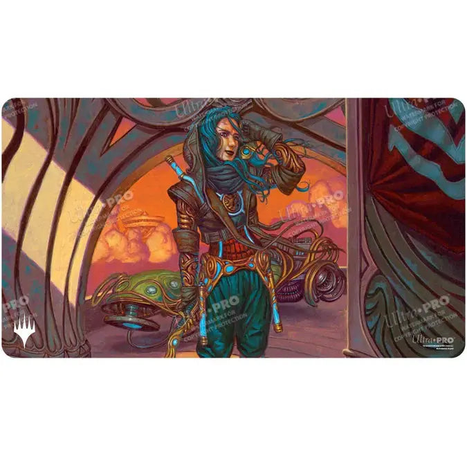 Aetherdrift Sita Varma Masked Racer Magic: The Gathering playmat by THE MIGHTY HOBBY SHOP, featuring vibrant art and detailed design.