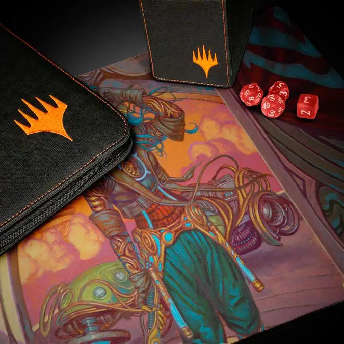 Aetherdrift Sita Varma masked racer playmat for Magic: The Gathering, featuring vibrant artwork and dynamic racing design.