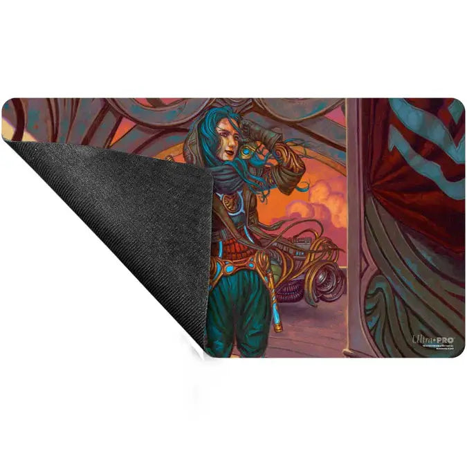 Aetherdrift Sita Varma masked racer playmat for Magic: The Gathering, featuring vibrant artwork and a rubber backing for durability.