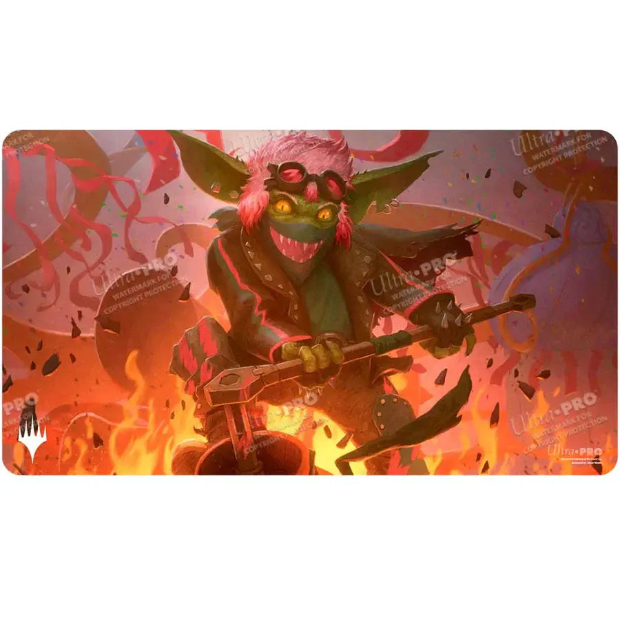 Aetherdrift Redshift Rocketeer Chief Playmat for Magic: The Gathering featuring vibrant red and blue artwork with game-related designs.
