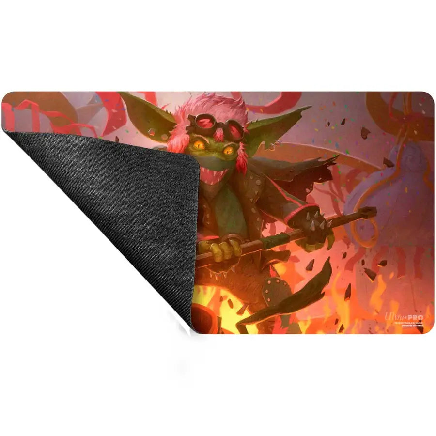 Aetherdrift Redshift Rocketeer Chief Magic: The Gathering playmat featuring vibrant red and orange design with rocket imagery.