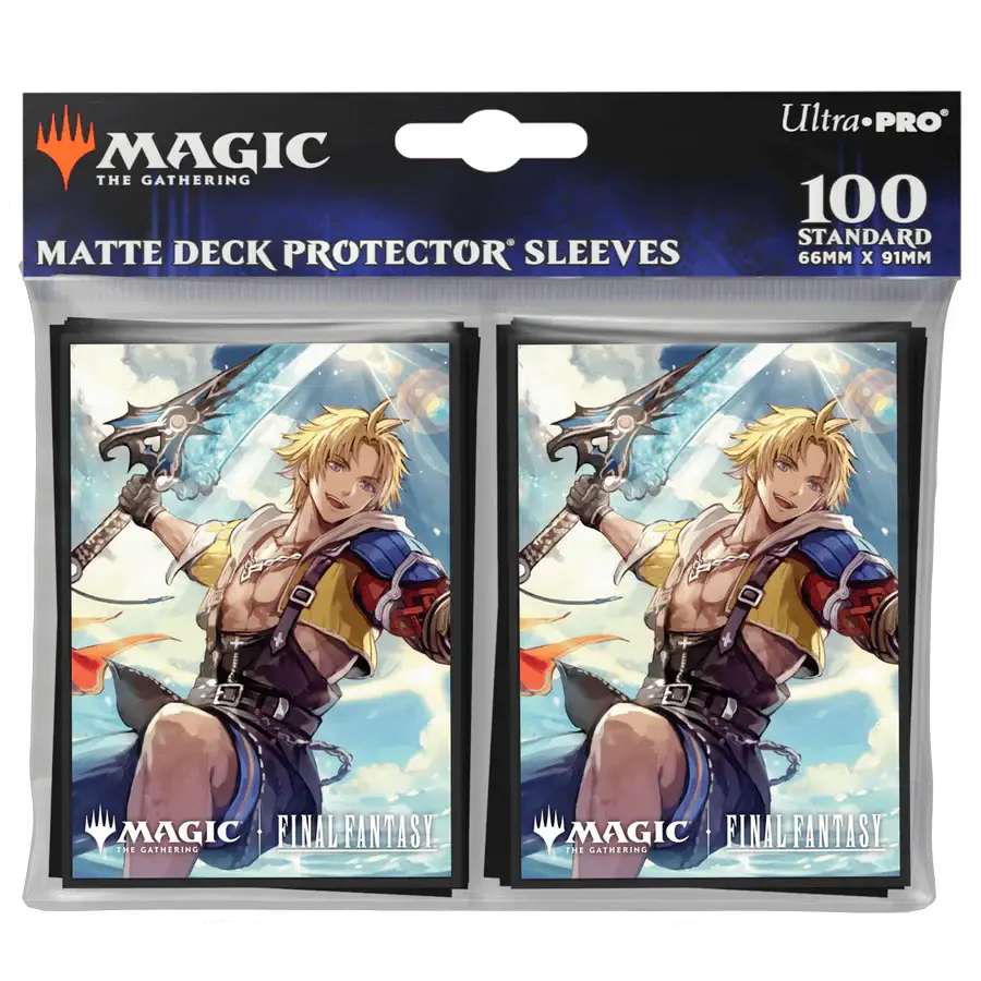 Magic: The Gathering FINAL FANTASY Tidus and Yuna Commander deck protector sleeves, 100-count, colorful card sleeve packaging.