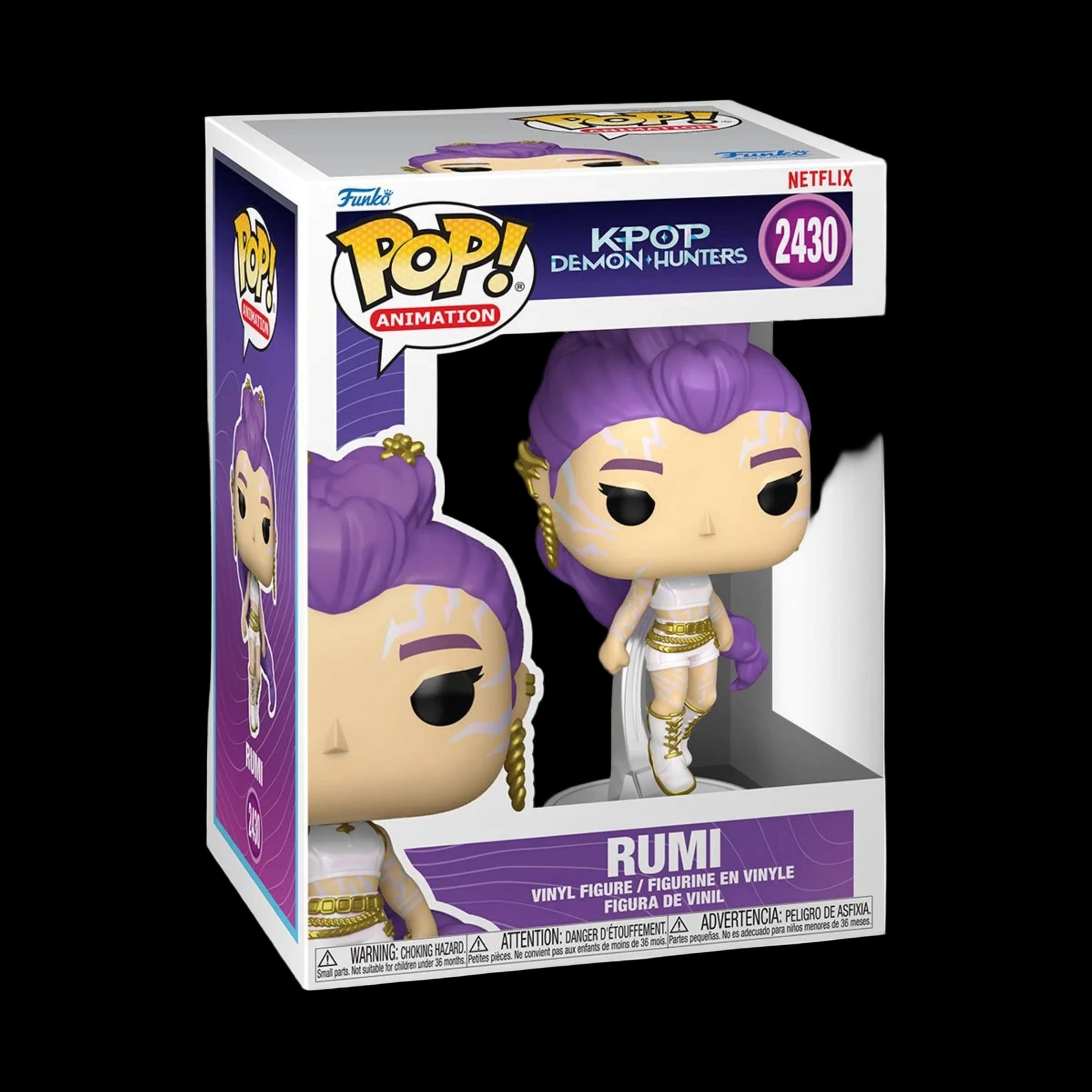 Funko Pop! vinyl figure packaging with purple hair and white outfit on a white background