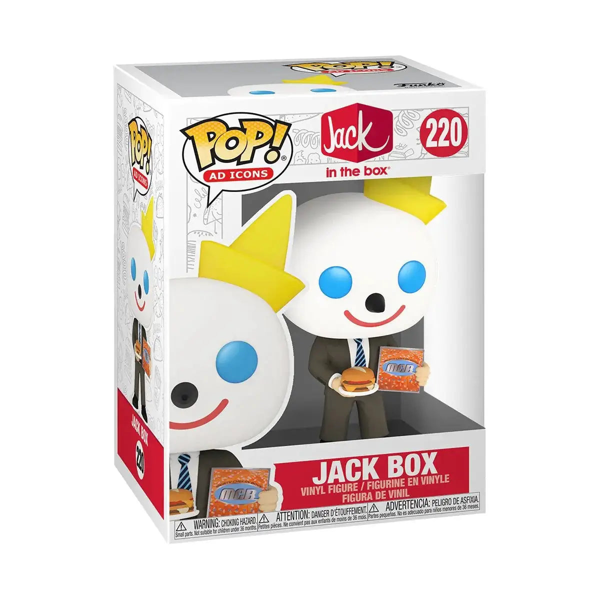 Jack in the Box Jack Box Meaty Cheesy Boys Funko Pop! vinyl figure, #220, with colorful packaging and playful design.