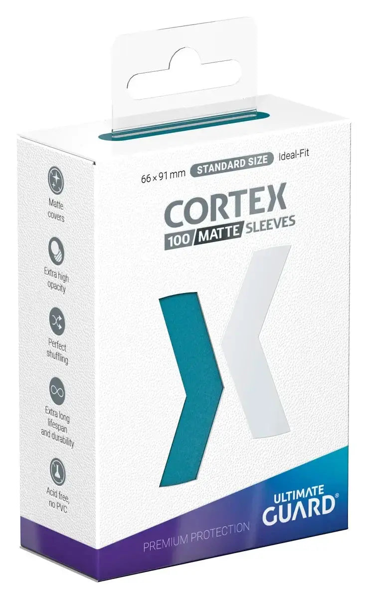 Petrol matte Cortex sleeves standard size by The Mighty Hobby Shop, shown in 3D image with 100 sleeves in a single pack.
