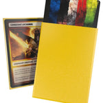 Yellow Cortex Sleeves Matte Standard Size (100) by The Mighty Hobby Shop, showing close-up of smooth, flexible plastic sleeves for collectibles.